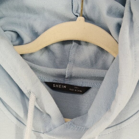 SHEIN Hoodie Size LARGE(12-14) "NOWHERE" Print Light Blue Knit Casual Pullover - Picture 7 of 12